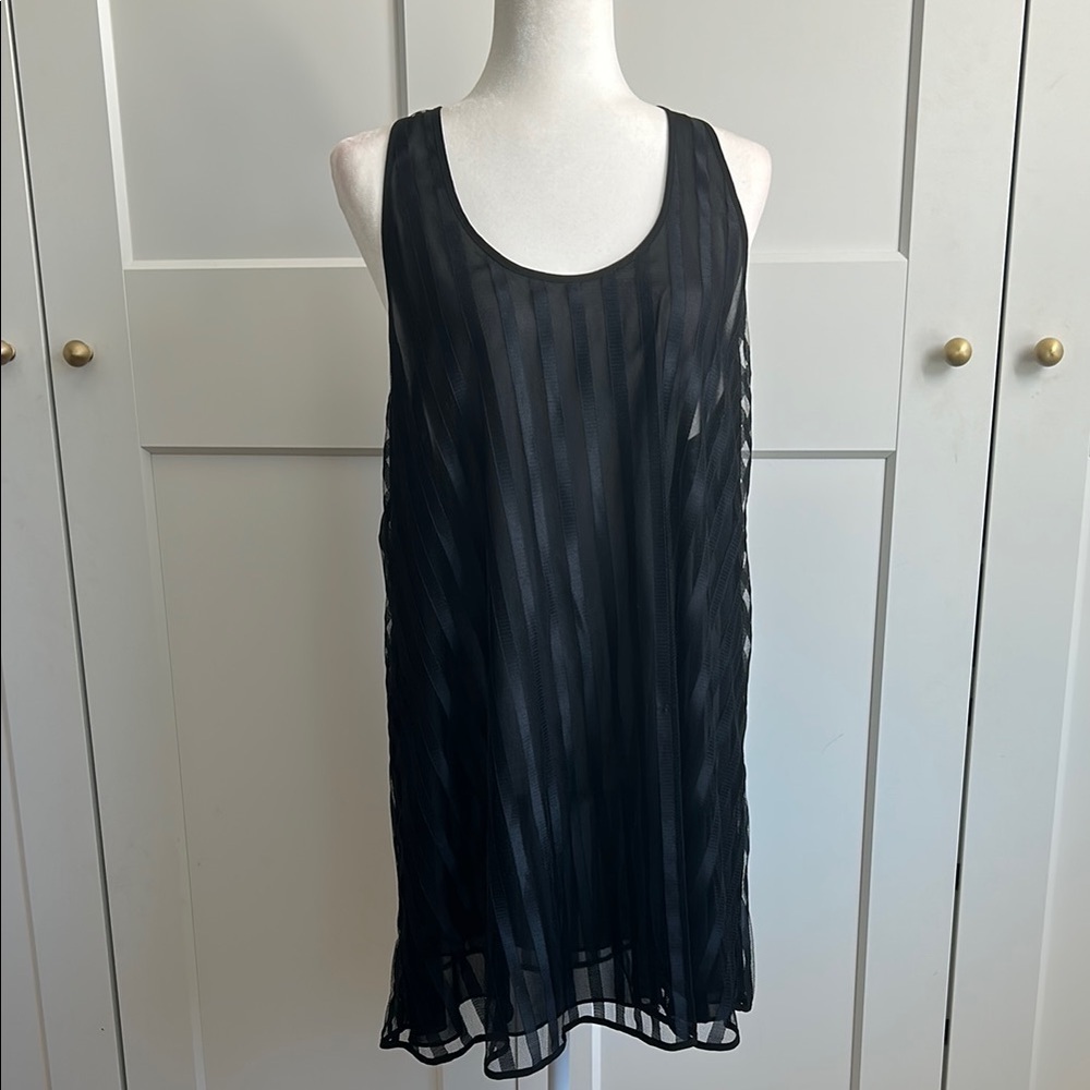 Oscar de la Renta Pink Label Black Sheer Striped Sleeveless Nightgown | XL